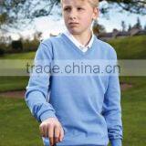 Custom Made Boys Cotton Blue Plain V-neck Long Sleeve Sweater With Embroidery Logo on the Right Sleeve thumbnail-1