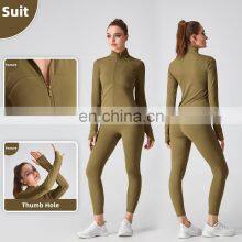 Custom Full Zipper Yoga Breathable Jackets Gym Women Thumb Holes Long Sleeve Sport Wears thumbnail-3