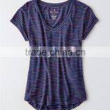 MGOO Factory Supplied Deep V Neck Curved Hems T Shirts Women Stripe Sublimation Printing T Shirt thumbnail-3