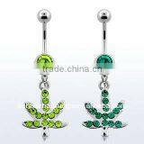 Surgical Steel Belly Banana, 14g (1.6mm) With Dangling Marijuana Leave With Crystals - Length 3/8" (10mm) thumbnail-1