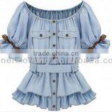 Girls Fairy Blue Jeans Style Peplum Ruffle Sleeve Blouses China Manuafacturer thumbnail-1