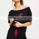 Black Printed Short Pyjama Set Boat Neck Logo T-Shirt With High Waist Running Pants Home Sleepwear thumbnail-5