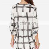 CHEFON Roll Tab Half Sleeve Deep v Neck Plaid Print Fashion Patterns of Chiffon Blouses thumbnail-3