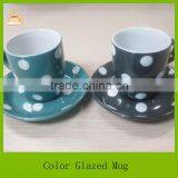 Samll Size Porcelain Coffee Mug With Saucer Set, Black and Green Color Glazed With White Dots thumbnail-2