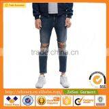 Men Custom Apparel Skinny Cropped Jeans Ripped Denim Pants With Extreme Rips In Blue Wash thumbnail-1