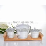 Food grade white ceramic porcelaine chinese tea coffee cup and pot set for dinner with wooden holder