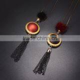 Red Bead Gold Hoop Pendant Long Chain Necklace Black Chain Tassel Necklace Pompon Necklace thumbnail-4