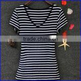 manufacturer china latest fashion striped t shirt, women design you own custom t shirt with v neck