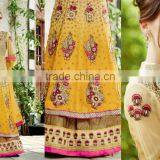 Mustard Pink Color on Cream Pink Embroidery Heavy Design All Over Long Anarkali Designer Semi Stitch Salwar Kameez thumbnail-1