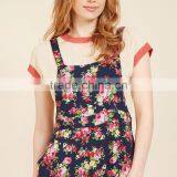 Navy Floral Wide Adjustable Straps Lady's Short Overall With Pockets thumbnail-4