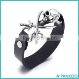wholesale leather link titanium silver 316l stainless steel skull charm men viking bracelet