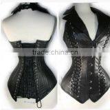 Fashionable Lapel Lace-Up Faux Leather Solid Color Women's Corset thumbnail-1