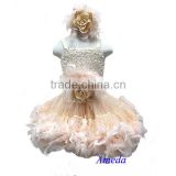 Champagne Ivory Rose Pettiskirt Wedding Party Flower Girl Feather PettiDress Matching Sash and Headband 1-7Y