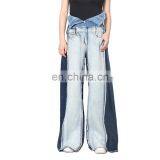 Denim Patchwork High Waist Pocket Hit Color Large Size Wide Leg Pants Female 2020 thumbnail-1