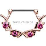 Pink/Aurora Gem Steel Rose Gold Plated Jagged Quartet Nipple Clicker thumbnail-2