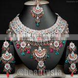 Trendy Indian Kundan Fabulous Silver Tone Jodha Akbar Jewelry Necklace Set E56 thumbnail-1