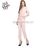 HAODUOYI Women Sexy Plunge Neck Three Quarter Sleeves Tailored Belted Casual High Waist Romper thumbnail-1