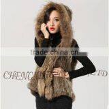 CX-G-B-216 New Style Short Raccoon Fur Trim Knitted Rabbit Fur Coat Hood thumbnail-1