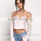 MGOO Custom Manufacturer Polyester Cropped Blouses Blush Silky Cold Shoulder Long Sleeves Satin Crop Tops thumbnail-2