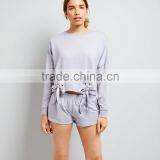 Lilac Lace Up Lounge Sweatshirt Drop Shoulder Side Eyelet With Short Pants Cuffed Hem Soft Jesery Sweater thumbnail-2