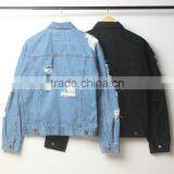 Men's Washed Distressed Cotton/spandex Button-up Denim Jacket With Holes thumbnail-3