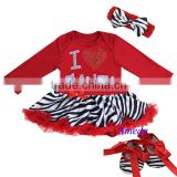 Xmas Baby Red Zebra Rhinestone I Love Santa Long Sleeves Bodysuit Pettiskirt Jumpsuit Headband Crib Shoes 3pcs NB-18M