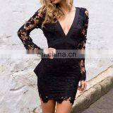 2017 Newly Black Elegant Lace Long Sleeve Dew Chest Bandage Dress Sexy Deep V Neck Mini Evening Dresses for Women Party Wear thumbnail-1