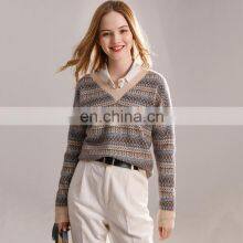 Women Casual V Neck Custom Design Printed Jacquard Cashmere Sweater thumbnail-5