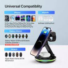 Rotatable Led Colourful Foldable 3-1 Mini Multifunction 3 In 1 Foldable Black Wireless Charger thumbnail-6