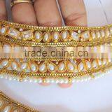 Designer PEARL Polki Payal ANKLETS Pair Feet Bracelet Gold Plated thumbnail-4
