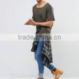 Men Cheap Plain Boat Neck Longline Army Green T-shirt Wholesale thumbnail-1