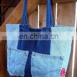 Blue Denim Shoulder Bag Shopper Tote Purse Pockets Heart Patch thumbnail-3