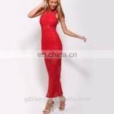 Sleeveless Mesh Stripe Detial Red Net Designer Boutique Dresses thumbnail-2