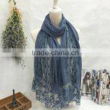 Latest Beautiful Charm Lace Pattern Plain Cotton Muslim Embroidery Scarf thumbnail-5