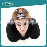 Toprank Custom Elastic Fabric Printed Animal Travel Hoodie Neck Pillow U Shape Microbead Travel Neck Pillow With Hoodie thumbnail-3