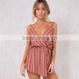 Simple Linen Cotton Clothing Models for Women Fashion Striped Playsuit thumbnail-2