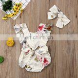 2019 Summer Girls Fly Sleeved Cotton Rompers & Headband 2pc Set Girls Flower Print Bodysuits Free Ship thumbnail-2
