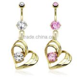 Gold Plated Prong Set CZ Dangle Hollow Heart Belly Navel Ring