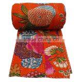 Orange Color KANTHA QUILT FLORAL COTTON BEDSPREAD BLANKET THROW COVERLET Flower