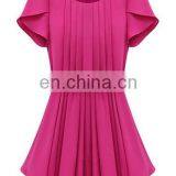 Lady Round Neck Short Sleeves Fashion Chiffon Plain Pleasted Dress Women