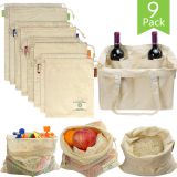 9Pack Organic Cotton Produce Bags Muslin Bags Tote Bag for Shopping Grocery Vegetable Storage with Drawstring Tare Weight on Tags