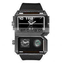 OULM HP3561 Men's Fashion&Casual Watch Japan Quartz Movement Leather Band Watch Compass Multiple Time Zone