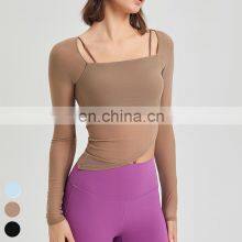 Custom Quick Dry Tshirt Breathable Mesh Square Neckline Sports Tops Women Long Sleeve Design Yoga T Shirt With Fixed Padded thumbnail-3