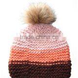 Acrylic Hand Knit Beanies Hat With Detachable Faux Fur Pompom Iceland Yarn