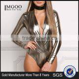 MGOO Custom Made Pewter Metallic Plunge Bodysuits Custom Long Sleeves V Neck Sexy PU Polyester Lycra Women Tops thumbnail-1