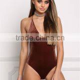 MGOO Fashion Factory Made Cross Strap Velvet Bodysuits Custom Deep V Neck Bloues Tops Sleeveless Custom thumbnail-6