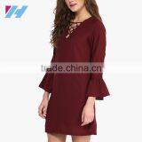 Summer Women's New Fashion Clothing 2016 Maroon Bell Sleeve Shift Dresses thumbnail-3