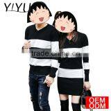 New Arrival Winter V-neck Blue White Stripe Knitted Couple Sweater thumbnail-5