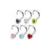 Heart Prong Set Stone Stainless Steel Gem Hoop Nose Ring / Piercing Jewelry With Cz Stone