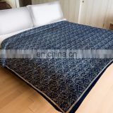 Indian Handmade Indigo Blue Abstract Design Kantha Quilt Bedspread Throw Cotton Queen Size Blanket